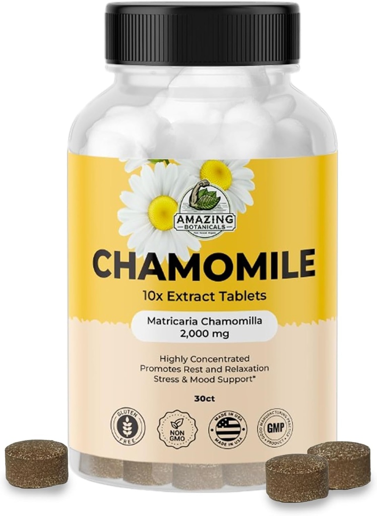 בוטיקים אורגניים Chamomile Extract Tablets - Matricaria Chamomilla Plant מבוסס תוסף - 10x Extract 2000 MG כל אחד - מקדם הירגעות - 30 טבליות