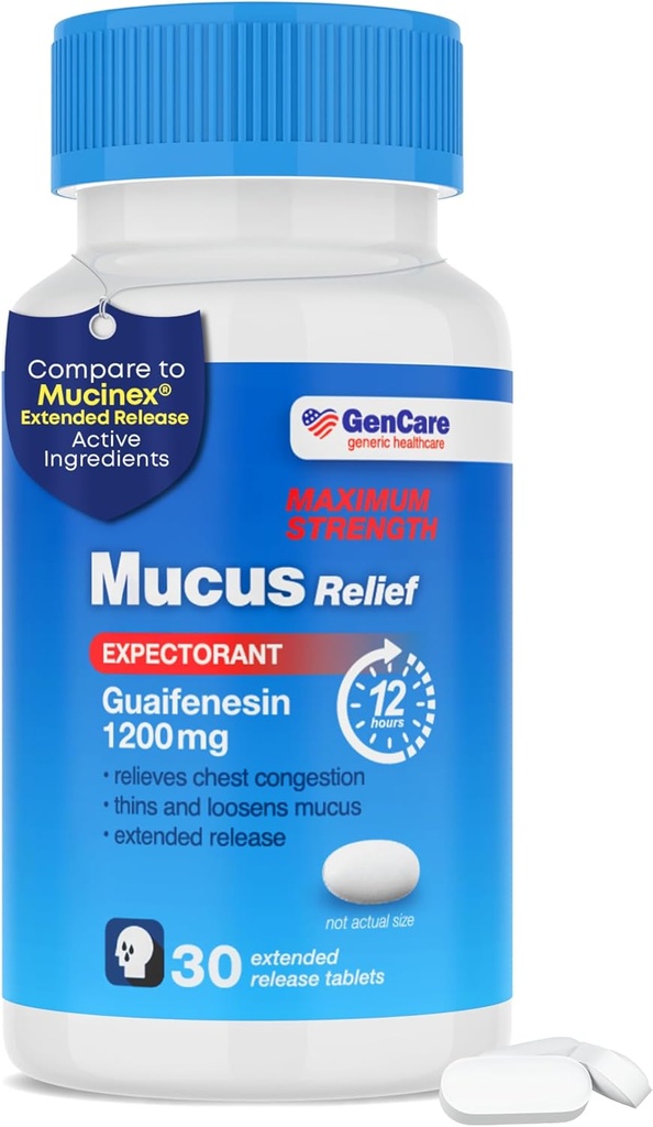 GenCare Mucus Relief 1200 מ"ג כוח מקסימלי (30 הרוזן) 1200 מ"ג Guaifenesin Extended-Release Tablet - מצפה עבור צ'סט הקהילה הקלה למבוגרים - בהשוואה לעוצמה מקסימלית 12 שעות