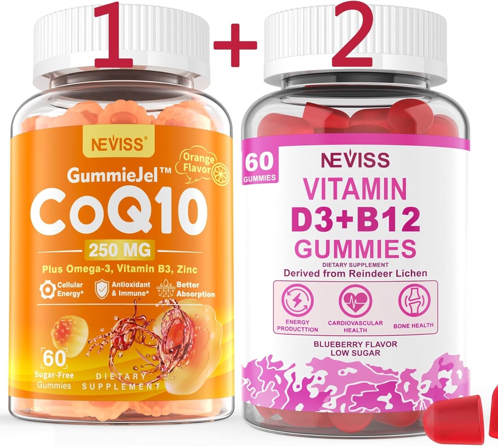 NEVISS סוכר חינם CoQ10-250 מ"ג מלא חניכיים,60Cts + ויטמין D3 5000IU & Methyl B12 1000mcgmies, 120Cts
