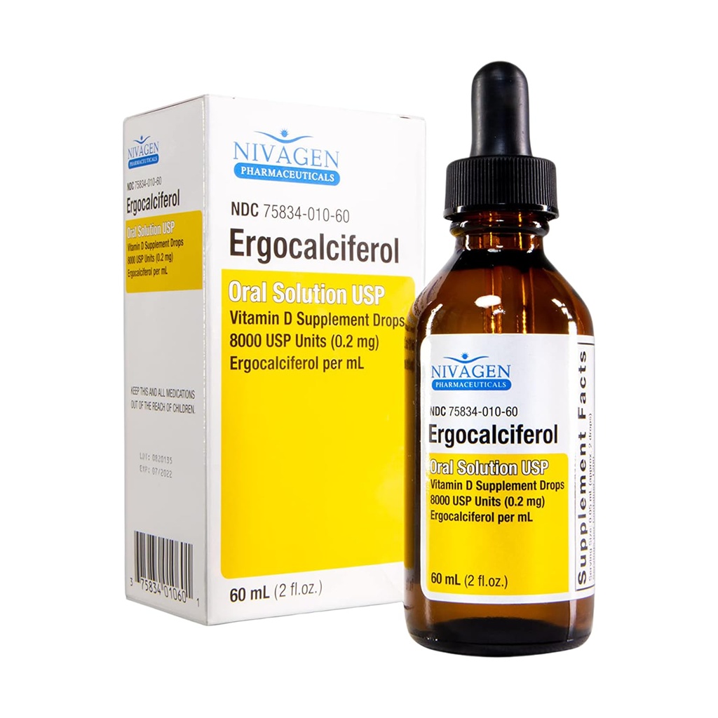 Nivagen ויטמין D2 נוזל טיפות 8,000 USP (Ergocalciferol) | 400 IU לשרת | 2 Drops Once Daily
