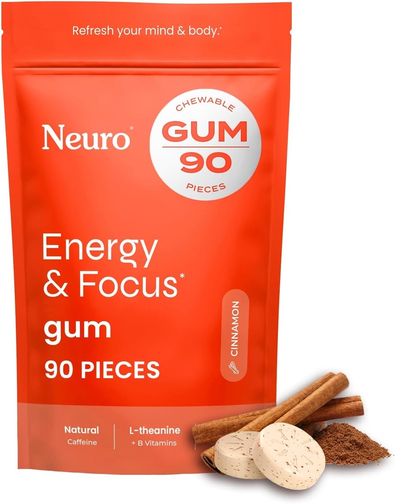 NeuroGum Energy & Focus Gum (Cinnamon, 90 Pieces) | 40 מ"ג טבעי Caffeine + L-theanine + ויטמין B12 & B6 + Xylitol | סוכר חינם Nootropic Brain Performance