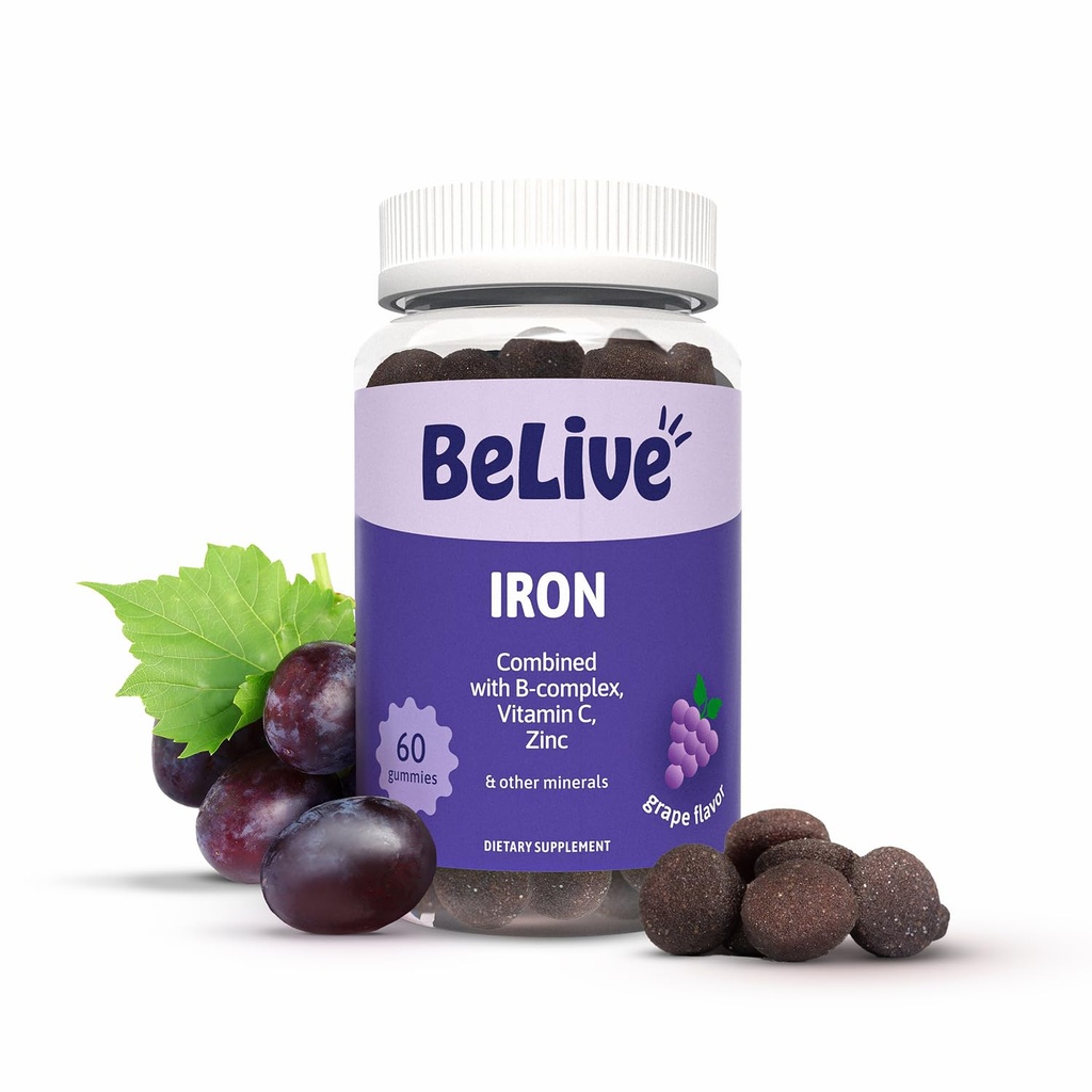 BeLive Iron Gummies - Multivitamin תוסף עם ויטמין C, A, B & Zinc, תומך חמצן דם, תוספת ברזל טבעוני לנשים, גברים וילדים לצמיחה ופיתוח - Grape Flavor | 1-Pack