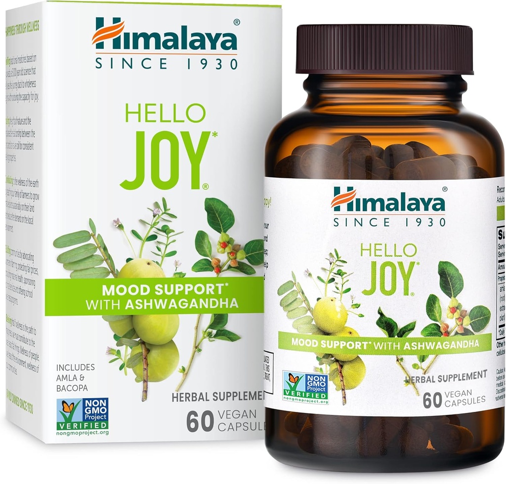 ההימלאיה Hello Joy Herbal Supplement, with Ashwgandha, Amla, Bacopa, Holyזיל / Tulsi, חיובי Outlook, תמיכה מוטיבציה, מתח, הקלה, איזון Cortisol, Non-GMO, טבעוני, 60 קפסולות.