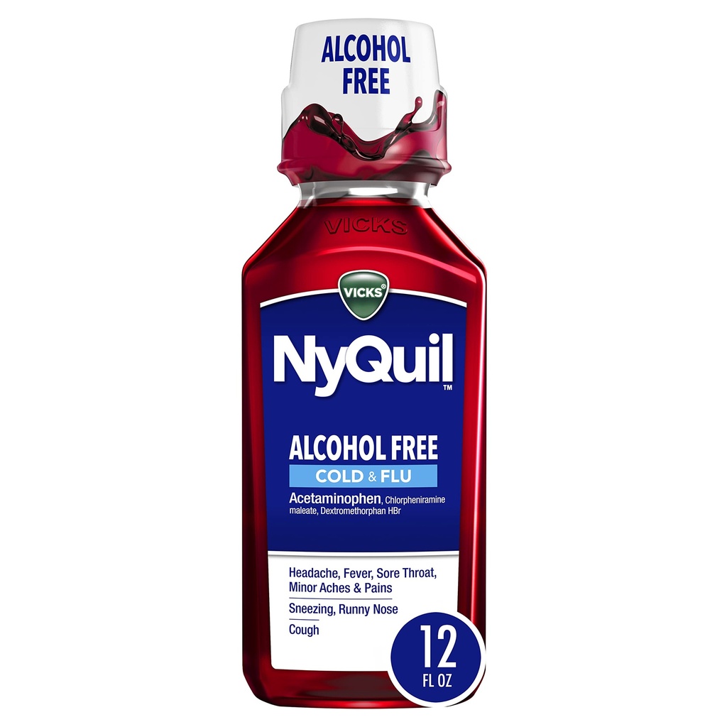 ויקי Nyquil, אלכוהול חינם, Cough, Cold & Flu הקלה, Sore גרון, Fever & Communityestion הקלה, ברי, 12 Fl Oz