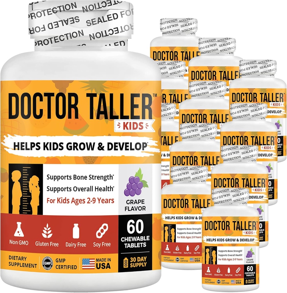 Nu Best Doctor Taller Kids with Multivitamins, Multimineral, Calcium Chewable Tablets, Calcium תוסף לילדים בגילאי 2 עד 9 - Grape Flavor - מסייע לילדים בריאים - 12 Pack