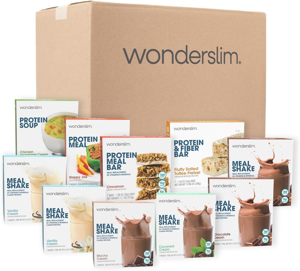 Wonderslim 2 שבוע ירידה במשקל קיט - 70 מוכנים לאכול מזונות דיאטה לירידה במשקל, prepacked Meals & חטיפים עבור גברים ונשים, עם נבנה-במבנה עבור הצלחה ארוכת טווח