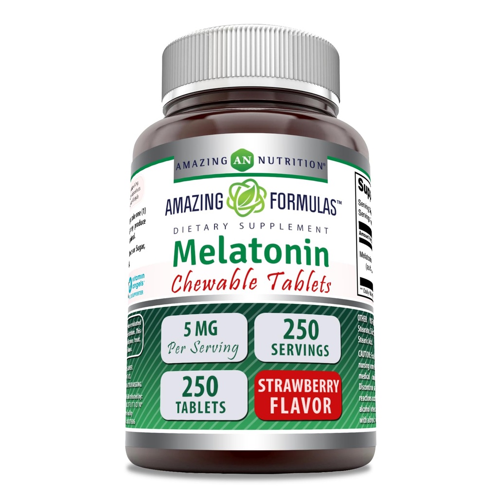 פורמולה מדהימה Melatonin Chewable תוסף | 5 Mg Per Serve | 250 Tablet | Non-GMO | Gluten-Free | Made in USA (Strawberry)