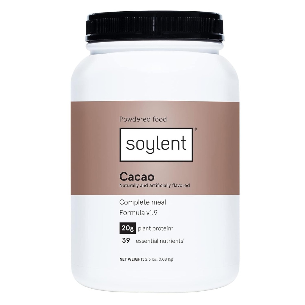 Soylent Complete Nutrition Meal תחליפי אבקת חלבון, Cacao - חלבון מבוסס צמחי, 39 חומרים מזינים חיוניים - 36.8oz