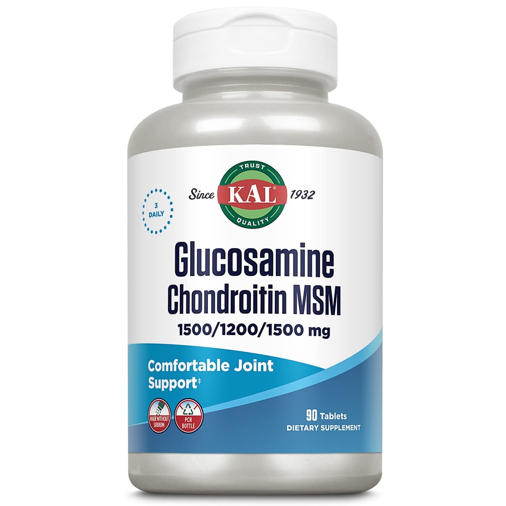 KAL Glucosamine Chondroitin MSM, תוספת תמיכה משותפת לנשים וגברים, 1500 מ"ג Glucosamine Sulfate, 1200mg Chondroitin, 1500 מ"ג MSM, אינטגרציה מהירה, 60 יום ערבות, 30 משרתים, 90 טבליות, 90 טבליות
