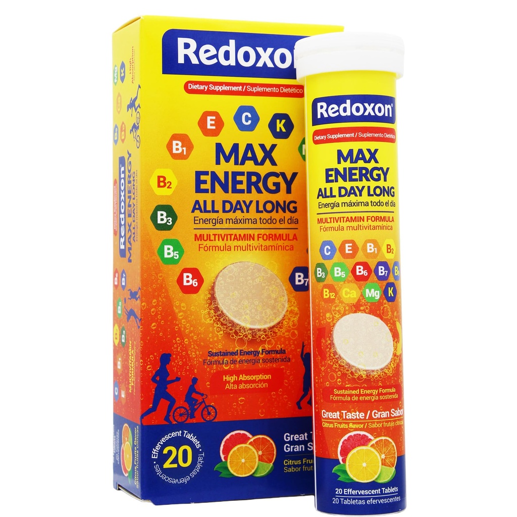 Redoxon Max Energy, Helps Support Inmune System, Citrus Flavor, 20 טבליות Efferscent, 2.82 Oz, Box