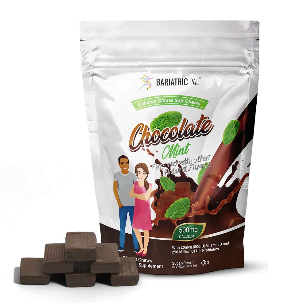 BariatricPal Sugar-Free Calcium Citrate Soft Chews | 500mg with Vitamin D & Probiotics | Chocolate Mint | 90 Count (1 Month Supply)