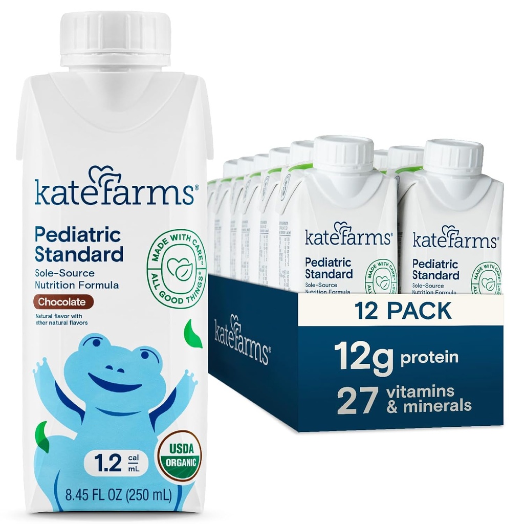 KATE FARMS Organic Pediatric 1.2 High Calorie Chocolate Nutrition Shake, 12g חלבון, 27 ויטמינים מינרלים, החלפת Meal, 8.45 oz (12 Pack)