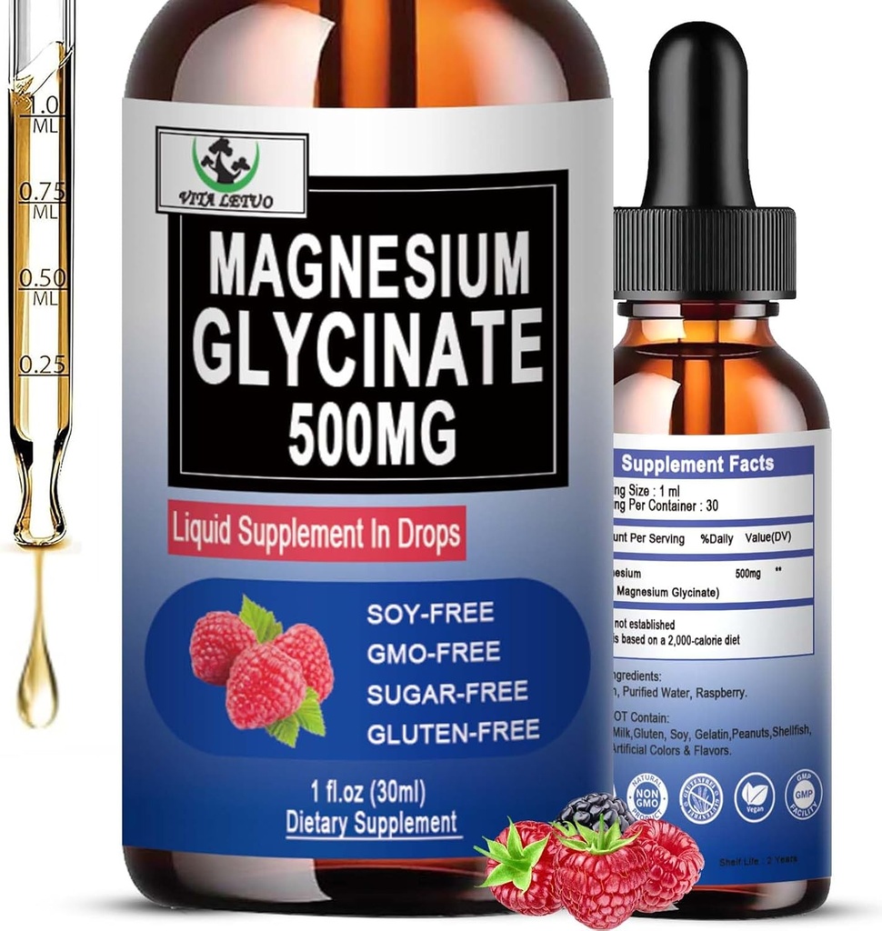 Magnesium Glycinate 500 מ"ג, מגנזיום נוזלי Glycinate טיפות 6X גבוה Absorption עבור העצם, שינה, Cramps & Immune תמיכה, טבעוני, non-GMO, Gluten-Free | 30 משרתים