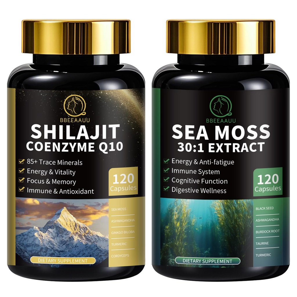 Shilajit for Men, Sea Mosss ו Shilajit Bundle, All in 1 תוספים עם Coenzyme Q10, Black Seed, Ashwagandha, Taurine, Burdock for Energy, Endurance, Antioxidant & Immune Support, 240 קפסולות