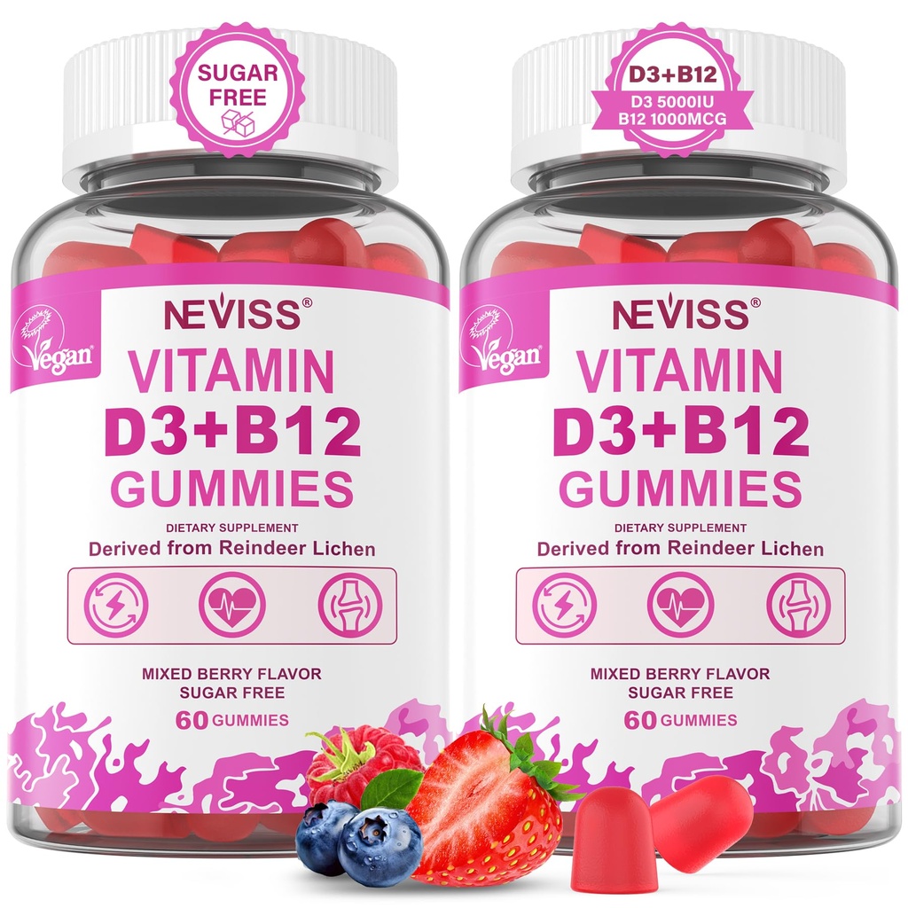 NEVISS 2Pack Vegan ויטמין D3 + ויטמין B12, עתיר גבוה D3 5000IU ו 1000 mcg Methylated B12, ויטמין D3 ו B12 למבוגרים, תמיכה בריאות העצם, Immune & אנרגיה תוספת, 120 הרוזן הרוזן ספירה