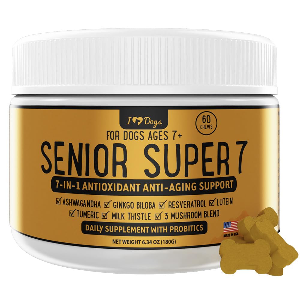 iHeartDogs Super 7 Daily Dog Multivitamin - 7-in-1 ויטמין לכלבים תומך באנטי-Aging with Antioxidants, Probiotics, Lion's Mane, Turkey Tail, & Ashwagandha for Longevity & Cognitive Boostation