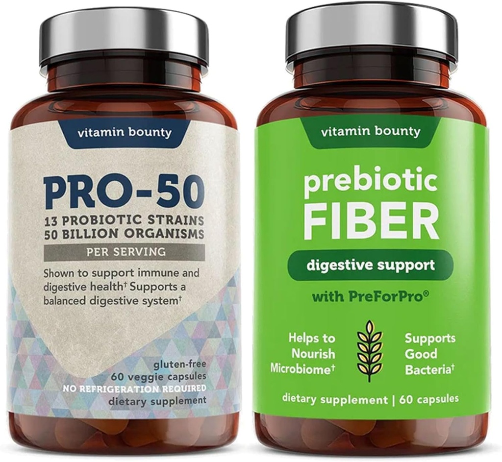 ויטמין Bounty Pro-50 Probiotics & Prebioticfi Bundle: 13 סטרינס, 50 מיליארד CFUs, Digestive & Gut Health Support, נדחה קפסולות שחרור - 90 קפסולות Total לגברים ונשים