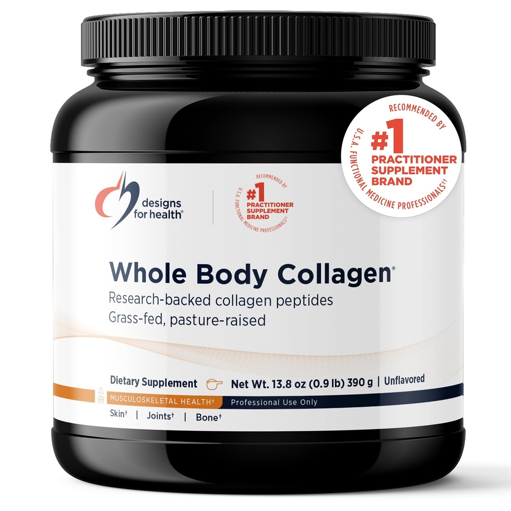 Designs for Health Whole Body Collagen אבקה - אבקת קולדג'ן פפטידים לעור, Joint + Bone Health - Fortigel, Fortibone & Verisol Collagen for Women & Men, Unflavored (30 משרתים)