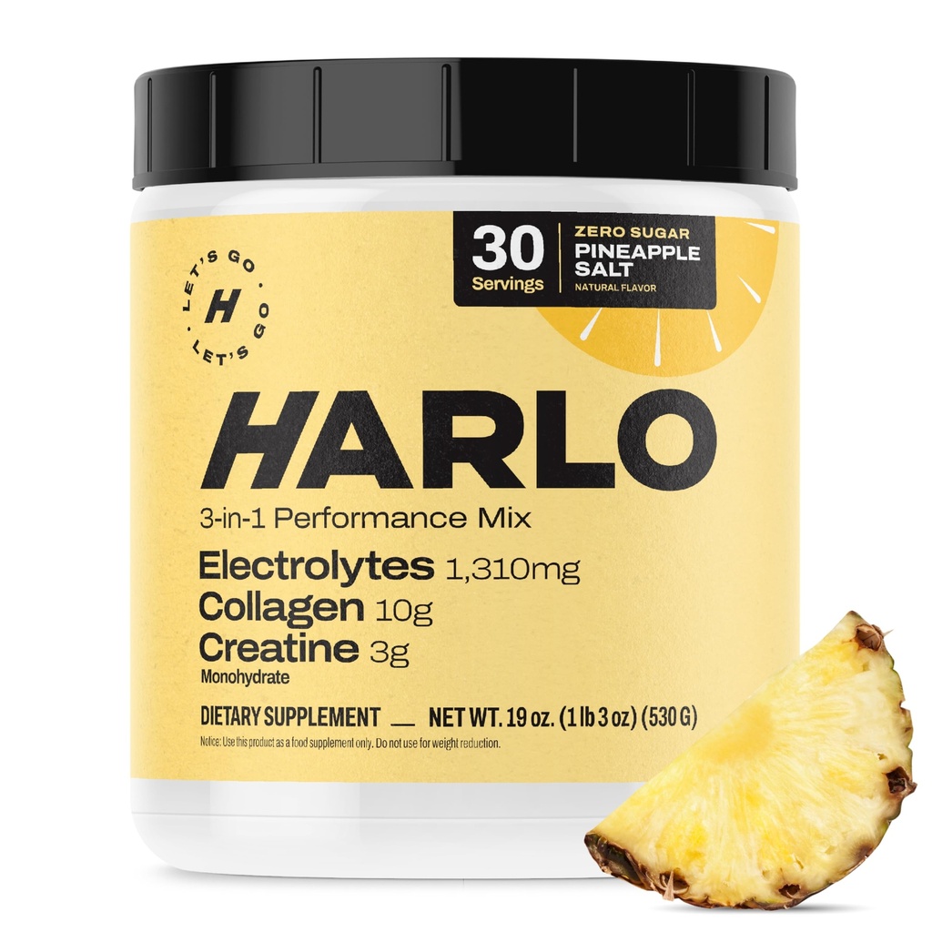 Harlo - Collagen & Creatine Electrolyte Drink Mix - Pineapple Salt Flavor - hydroting Pre & Post Workout אבקת - תומך עור, מפרקים & שריר התאוששות - אנרגיה ללא סוכר
