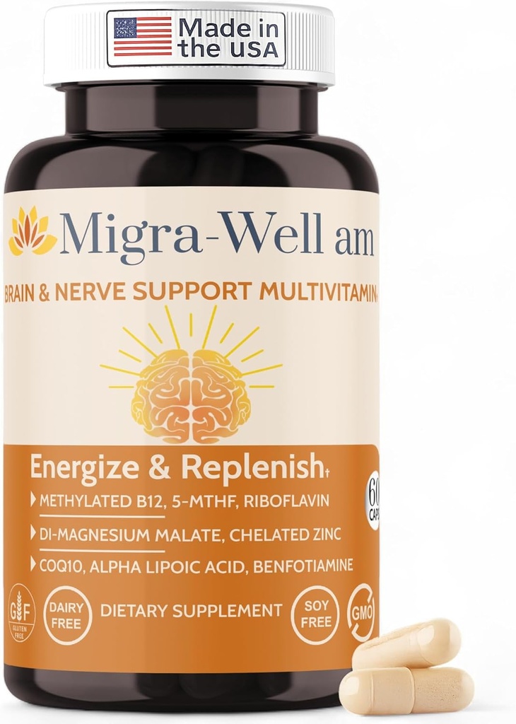 Migra-ובכן AM: Energyzing Daily Methylated Multivitamin עם מינרלים bioavailable & Antioxidants תומך המוח & Nerve Heath עבור נשים וגברים - ללא ברזל (60 קפסולות)