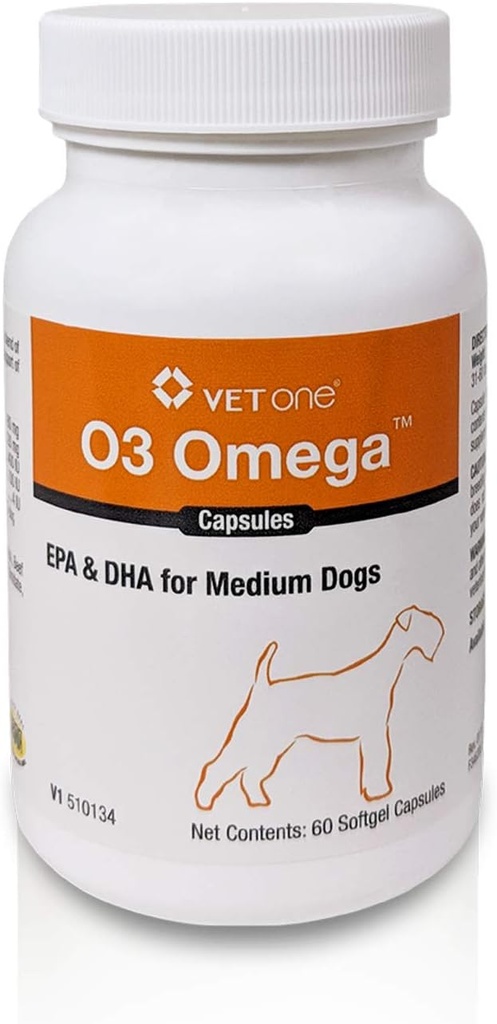 Vetone O3 אומגה Soft Gel for Medium Dogs - תמיכה שומנית חיונית - Skin & Coat תוסף - 60 קפסולות