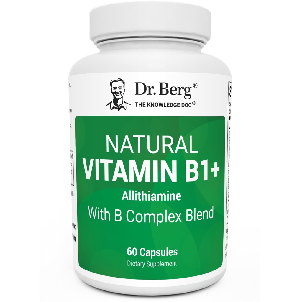 Dr. Berg Natural ויטמין B1 B6 B12 Complex - Allithiamine ויטמין B1 תוסף עם 8 Essential ויטמין B Complex for Men & Women כולל Thiamin, Niacin, Folate, Magnesium & More - 60 קפסולות