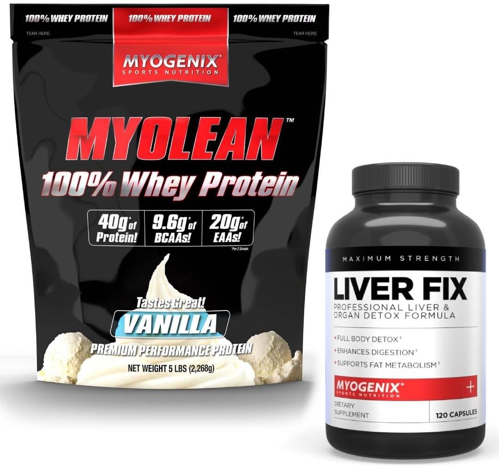 Myogenix Liver תומך תוסף & Myolean Vanilla Whey חלבון - Advanced Liver Health & השרירים Recovery with 40g High-Protein Whey - תמיכה Detox, growth & Performance