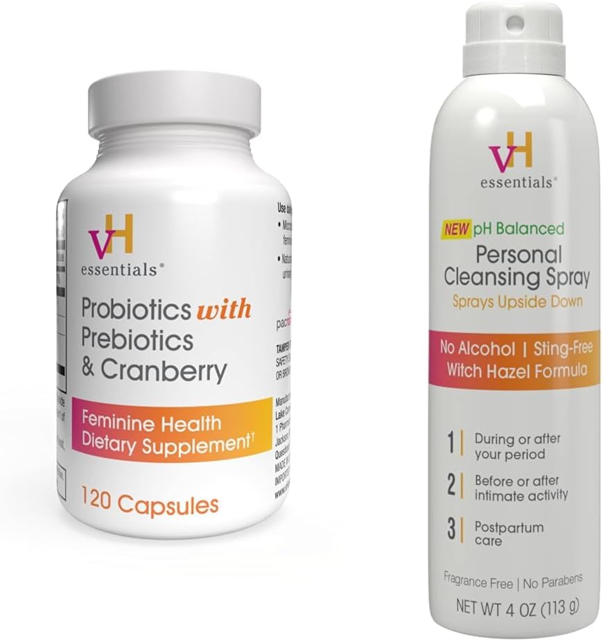 VH Essentials Probiotics with Prebiotics and Cranberry Feminine Health Supplement - 120 קפסולות וניקוי אישי Spray Bundle