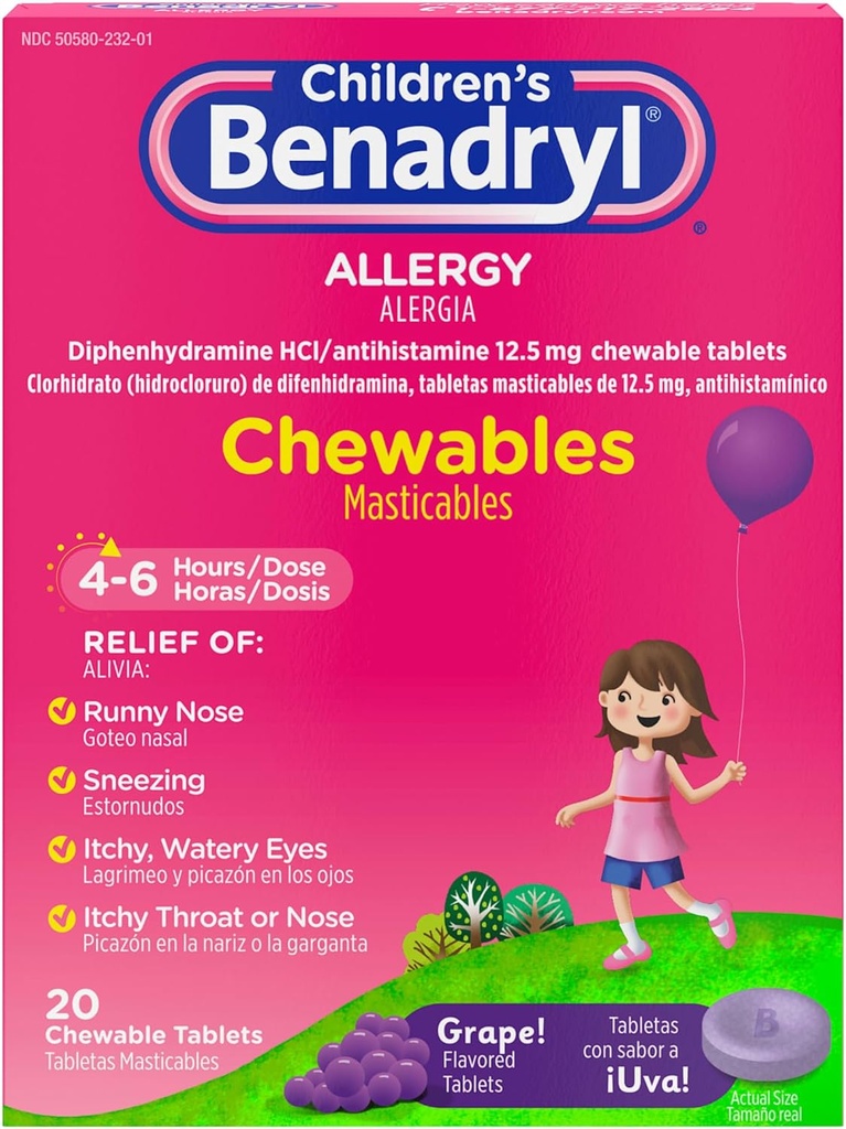 Benadryl Children's Allergy Medicine Chewables with Diphenhydramine HCl, Chewable Kids' Antihistamine Tablets for Relief of Allergy Symptoms Like Sneezing & Itchy Eyes, Grape Flavor, 20 ct