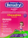 Benadryl Children's Allergy Medicine Chewables with Diphenhydramine HCl, Chewable Kids' Antihistamine Tablets for Relief of Allergyתסמינים כמו Sneezing & Itchy עיניים, Grape Flavor, 20 ct ct ct ct