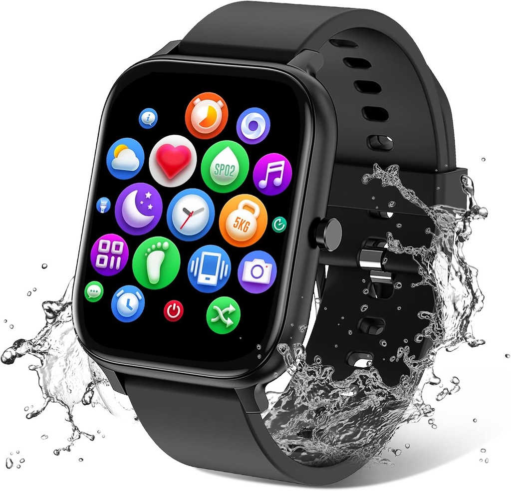 Smart Watch for Men Compatible with iPhone Samsung Android Phone 1.83 אינץ' מסך מגע מלא IP68 Waterהוכחה Bluetooh Fitness Tracker Heart Rate/Sleep Monitor, Black Phone 1.83