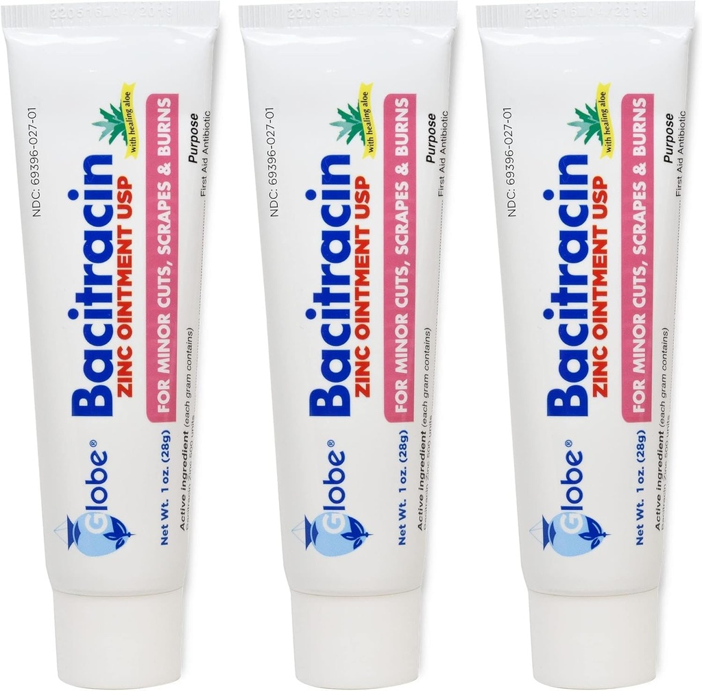גלוב (3 Pack) Bacitracin Zinc Ointment + Aloe 1oz - כוח מקסימלי אנטיביוטיקה עבור Wound Healing - פתרון מודבק בחתכים, ברנס, Scrapes - זיהומים בעור & First Aids