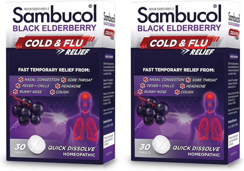Sambucol Cold and Flu Relief Tablet - Homeopathic Cold Medicine, Nasal & Sinus Voyageestion Relief, Use for Runny Nose, Coughing, Cold Remedy for Adults - Black Elderberry, 30 Count, 2Packack