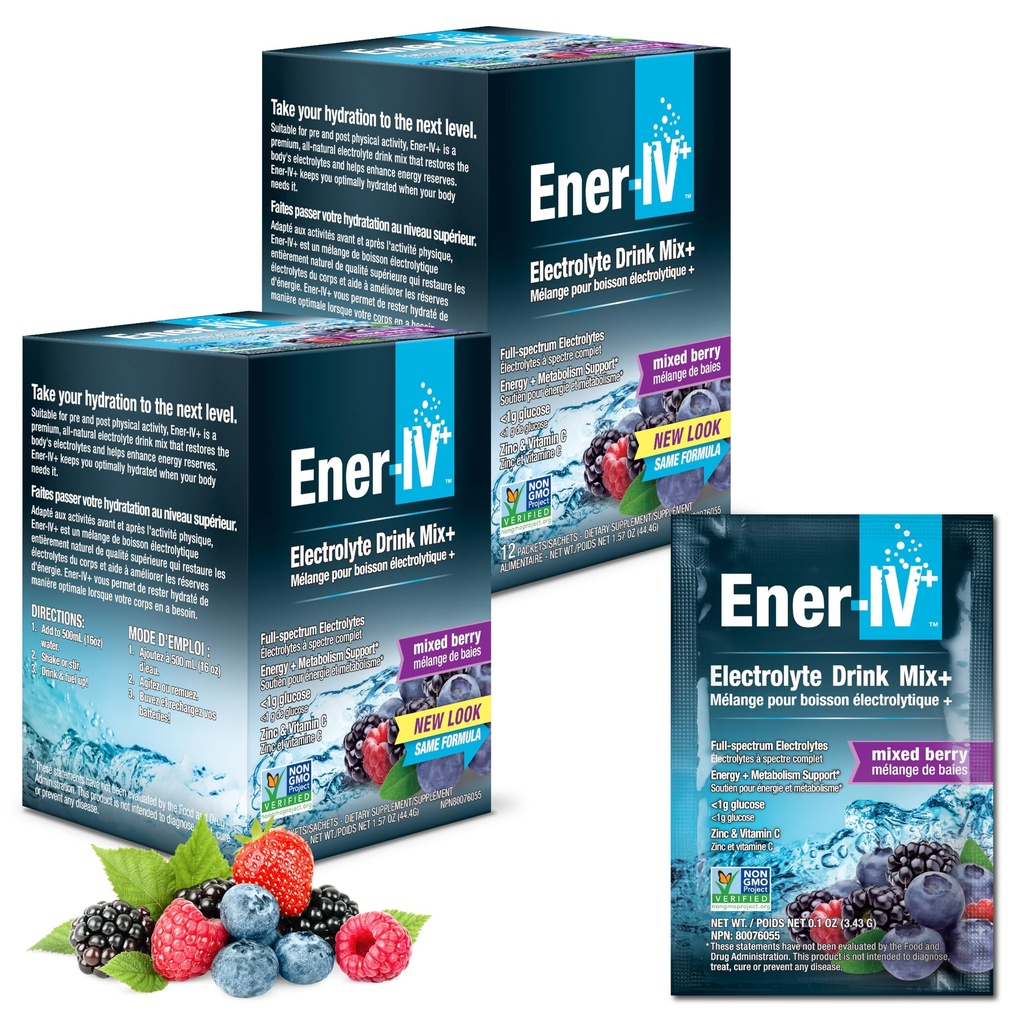 Ener-IV Electrolyte Drink Mix - Electrolytes Powder Packets, Hydration Powder Drink, Hydrate Liquid Mix, Low Sugar Rehydration for Women & Men - Mixed Berry, 24 Count
