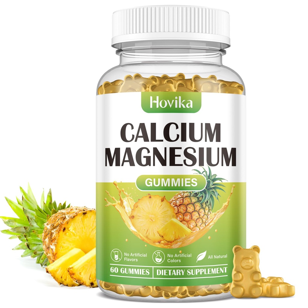Calcium Magnesium Zinc Gummies, Calcium Magnesium 2:1 Ratio עם ויטמין D3, K2, B6, B12 עבור כוח העצם, תפקוד שרירים ובריאות עצבית, תוספת Absorption פורמולה, טבעוני, Pineapple Flavor 60 חניכיים