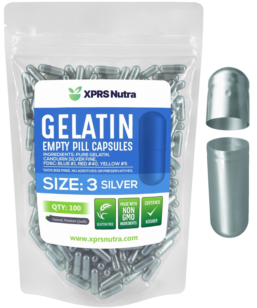 XPRS Nutra Size 3 קפסולות ריקות - 100 הרוזן ריק Gelatin קפסולות - Pills DIY כמוסות מילוי - Pure Bovine Pill Gel Caps for Do-It-Yourself Supplements (Silver)