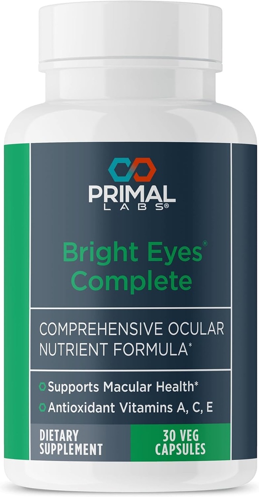 בריאות פרימינטלי Bright Eyes Complete - Ocular & Macular Health - Clear Vision - Lutein & Zeaxanthin פורמולה - ראייה בריאה - Relieves Eye Strain מן האור הכחול - תוספת של 30 קפסולות
