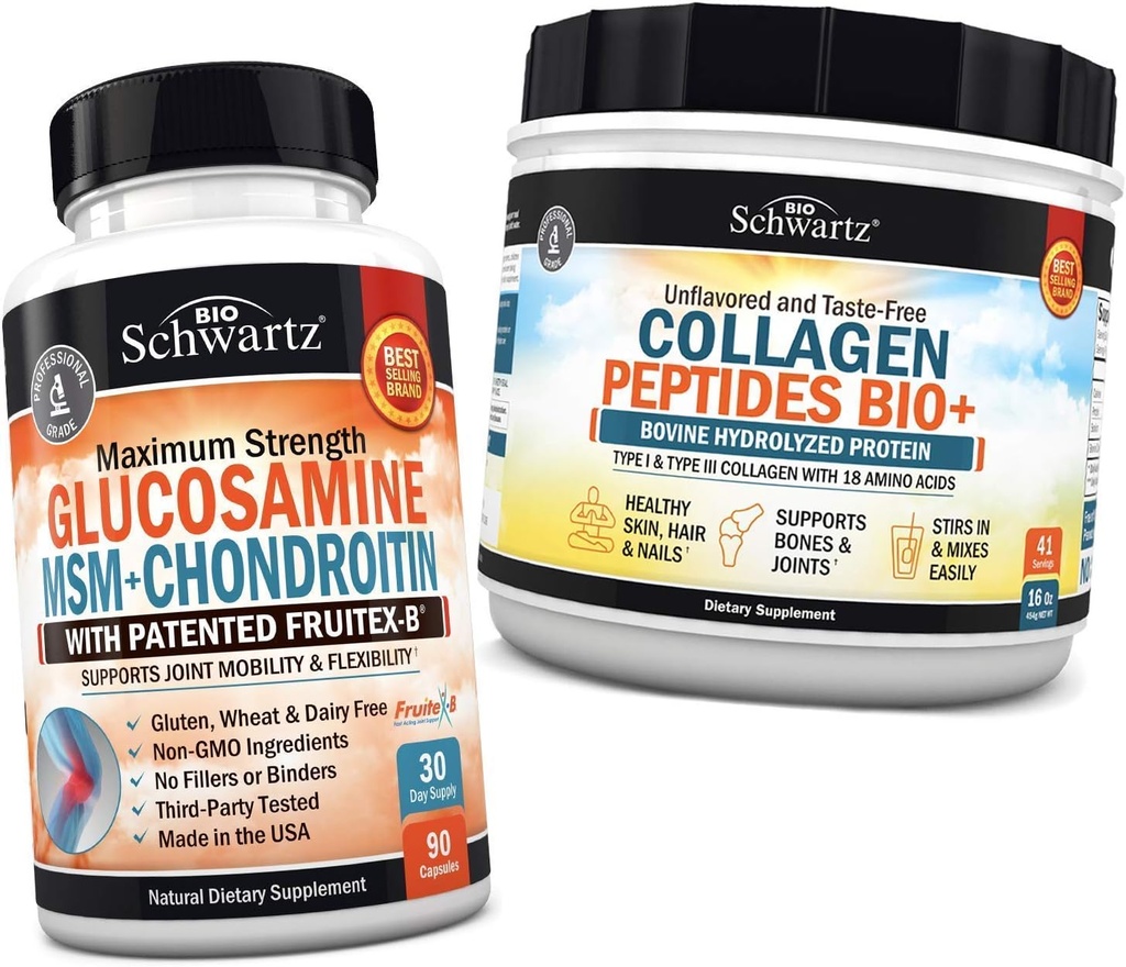 BioSchwartz Glucosamine Chondroitin MSM + Collagen Peptides אבקת - שומן בריא ותמיכה משותפת - מקדם גמישות ותמיכה קרטלז