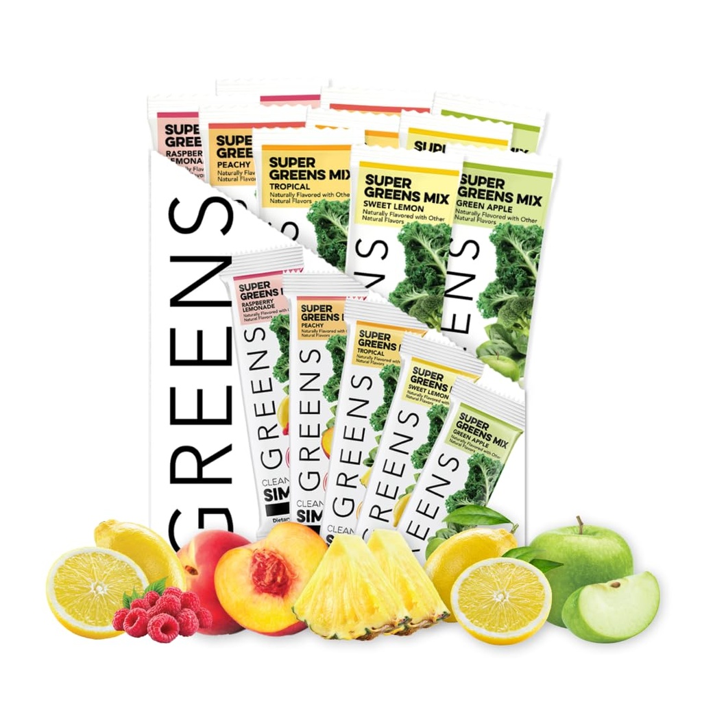 ניקוי פשוט אוכל ירוק מגוון 10 Pack, ירוק אבקת לערבב, ארוז עם Superfoods Chlorella & Spirulina, כולל 5 טעים פלברס: Peachy, גרין Apple, Raspberryade, Sweet לימון & טרופי