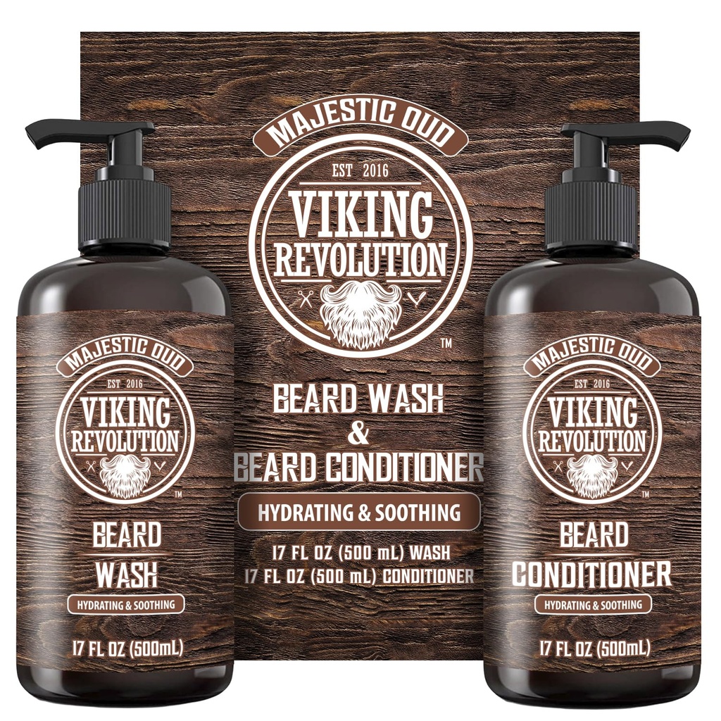 המהפכה הוויקינגית Beard Wash and Beard Conditioner for Men with Argan Oil ו- Jo Joba Oil - Beard Softener and Powerener Beard Care Beard Shampoo and Conditioner with Beard Oil (17oz, מג'סטיק אוד)