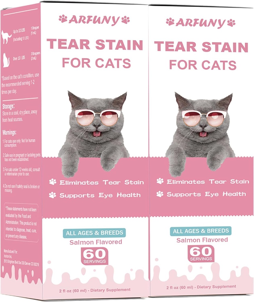 2 Packs Tear Stain תוסף עבור Cat - למנוע ולבטל חתולים תה סטטינים - 60ML Cat Tear Stain Remover טיפות עבור בריאות העין, מערכת החיסון - עם Cranberry, Marshmallow & ויטמינים - Salmon Cat Tear Stain Remover Stain Remover להורדה