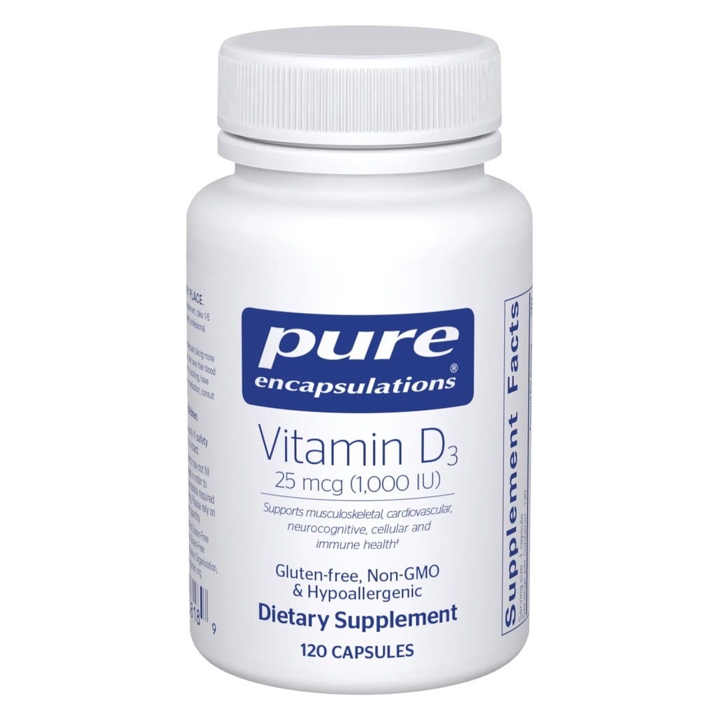 Pure Encapsulations ויטמין D3 25 mcg (1,000 IU) - תוספת לתמיכה העצם, משותף, חזה, לב, קולון ו Immune בריאות - עם Premium ויטמין D - 120 קפסולות