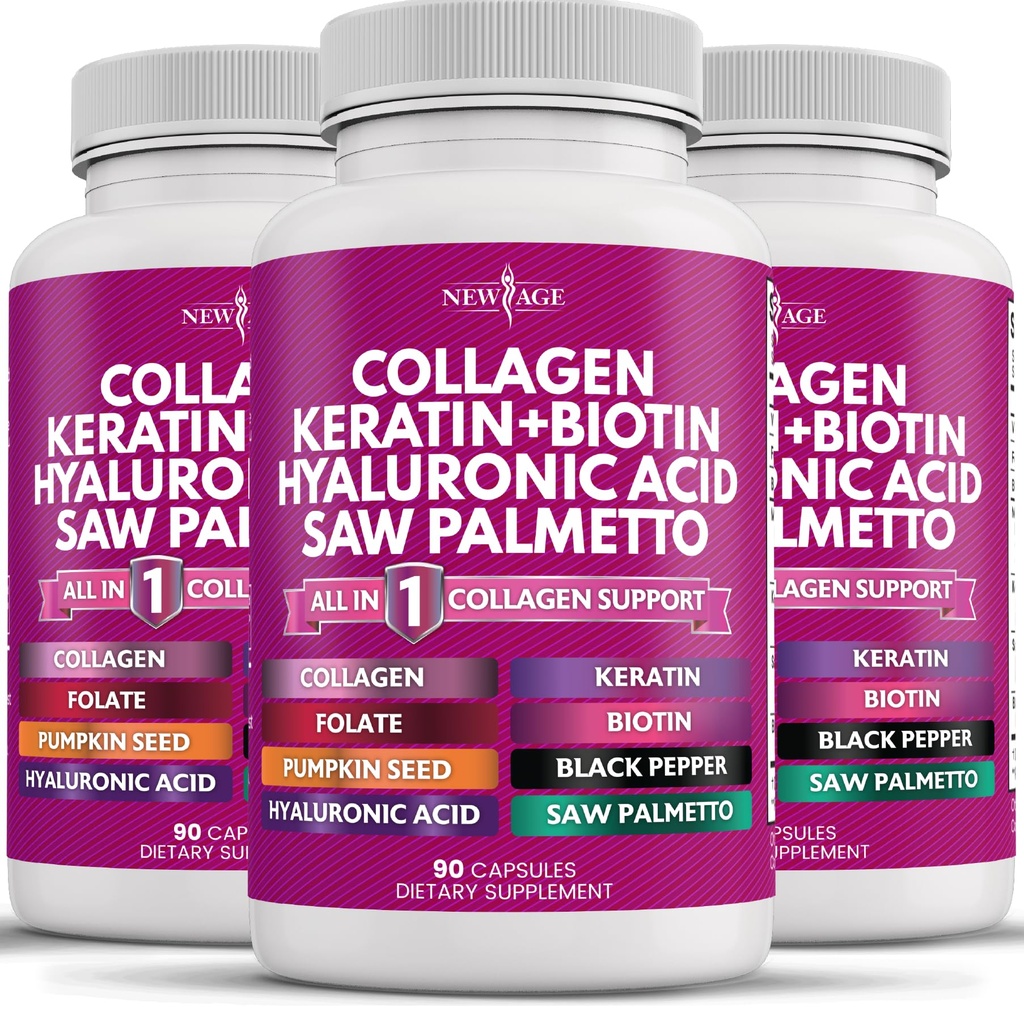 New AGE Collagen Pills Biotin Keratin Saw Palmetto Hyaluronic Acid- ויטמין E Folic Acid Pumpkin Seed MSM-270 Count
