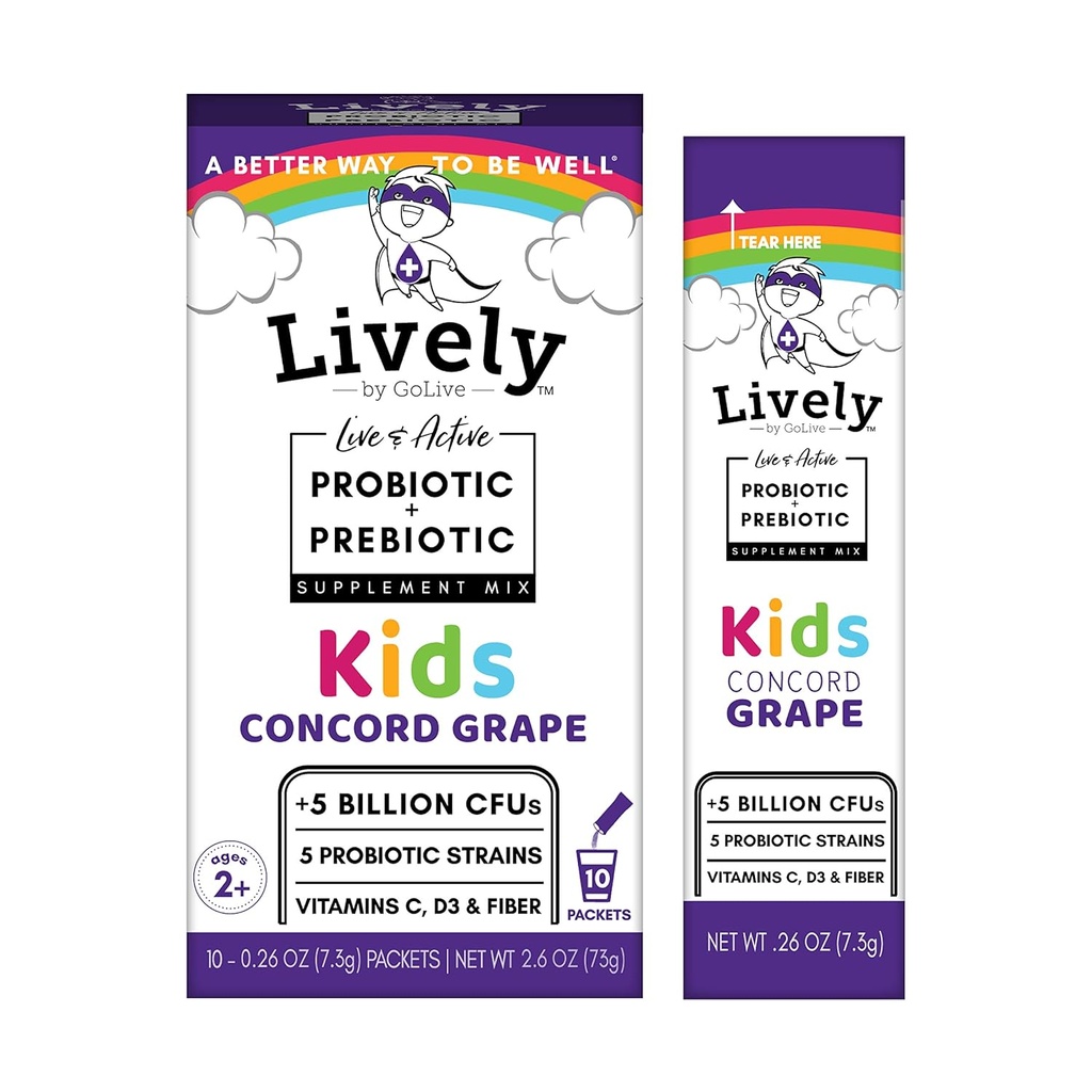 Lively (על ידי GoLive) KIDS CONCORD GRAPE Synbiotics (Probiotics+Prebiotics); 5 Clinical Strains; +5 מיליארד CFUs. Probiotics & Prebiotics KIDS for Digestion, Metabolism, Immunity. (10 חבילות)