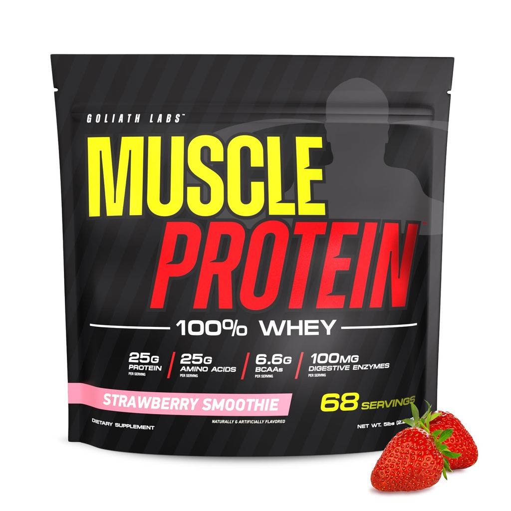 חלבון שרירי COLOSSAL LABS אבקת Whey (5 lbs / Pack של 1) - קר מסנן, 25g חלבון טהור, 6.6g BCAAs (Packaging May Vary) (5LB, Strawberry)