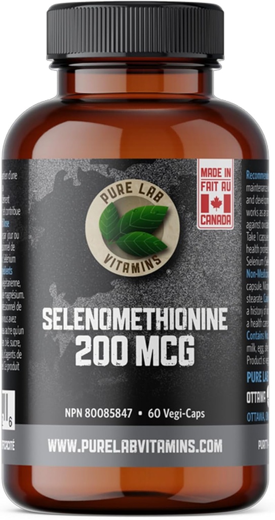 סלניום 200mcg תוסף - Selenomethionine - 60 v-caps על ידי ויטמין מעבדה טהורה - Gluten Free Made בקנדה.