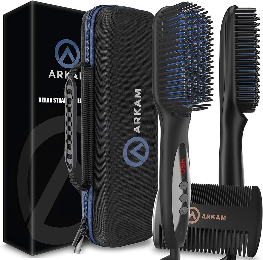 Arkam Beard Straightener for Men -Premium Heated Beard Brush Kit w/Anti-Scald, Double Action Hair Comb ו-Hard Shell Travel Case for Medium to Long Beards - תלבושות ו-Grooming Gifts for Men