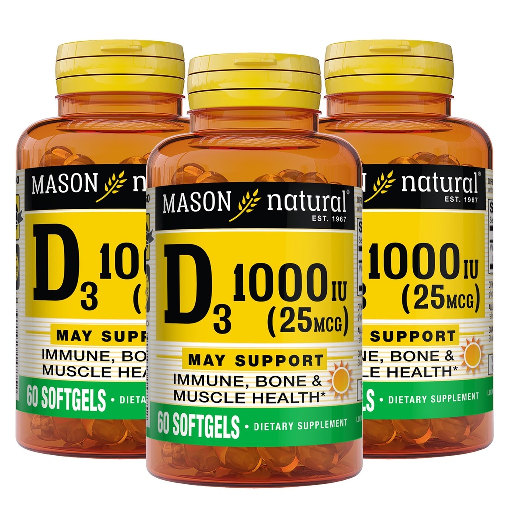 MASON NATURAL ויטמין D3 25 mcg (1000 IU), Bone & Immune Support, from Fish Liver Oil, 60 Softgels (Pack of 3)