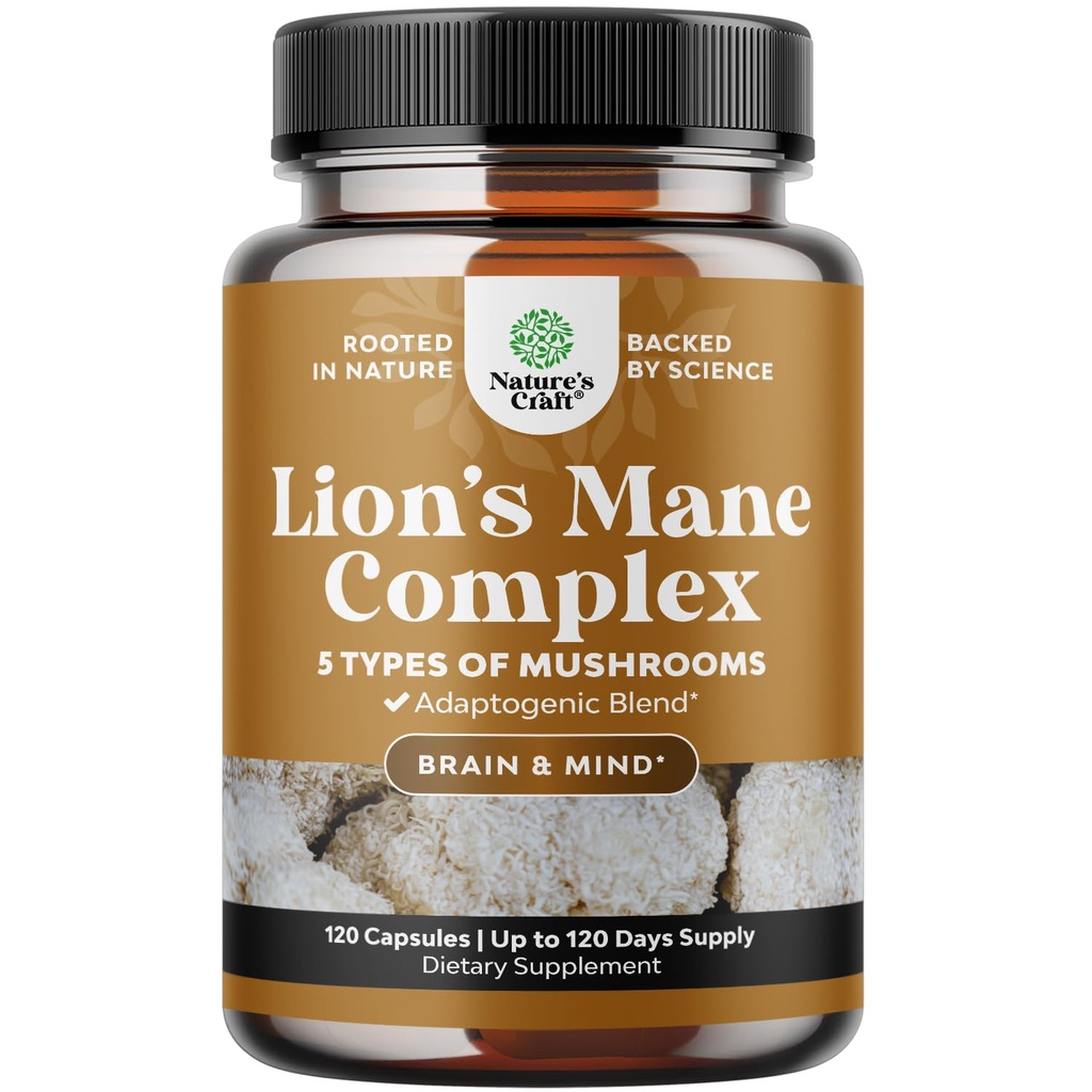 Advanced Lion's Mane Mushroom Supplement - Lions Mane Supplement Capsules with Reishi Chaga Maitake & Shiitake for Brain Health Memory Support & Focus - Nootropic for Mental Clarity - 120 Count