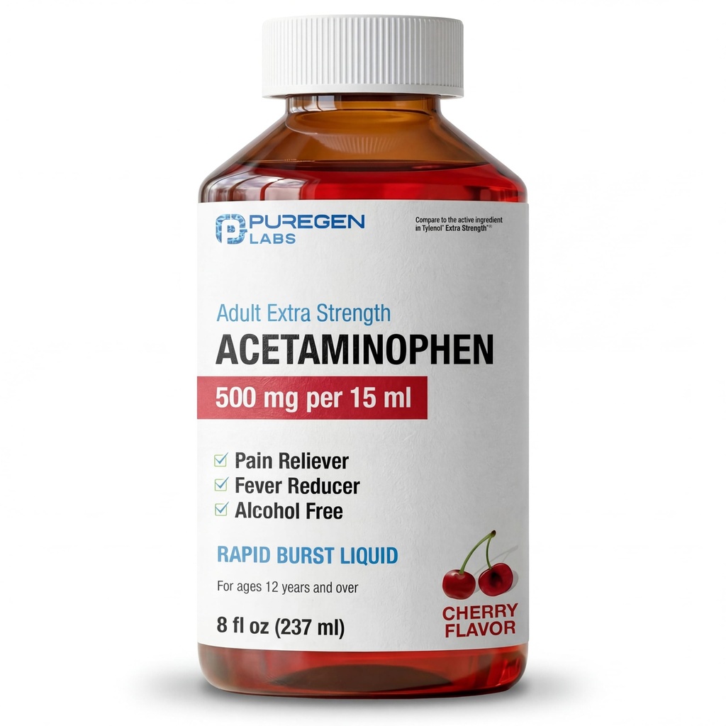 Puregen Labs למבוגרים כוח נוסף Acetaminophen נוזל 500 מ"ג / 15 מ"ל - 8 fl oz Rapid Burst Pain Reliever / Fever מופחת, Cherry Flavor | כאבי מפרקים כאב הקלה